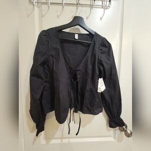 BP Front Tie Black Long Sleeve Blouse